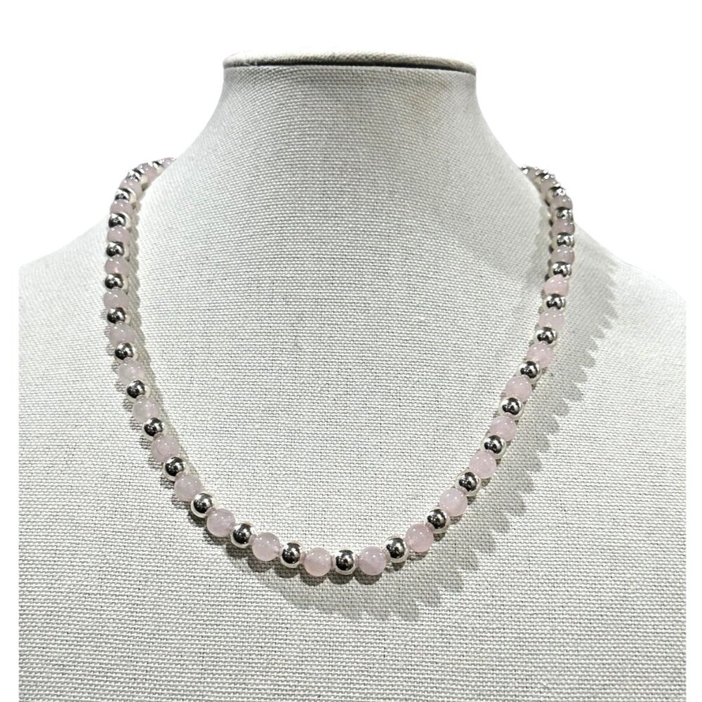 Rose Quartz and Sterling Silver Bead Necklace 24 inch Toggle Clasp 925 Gemstone